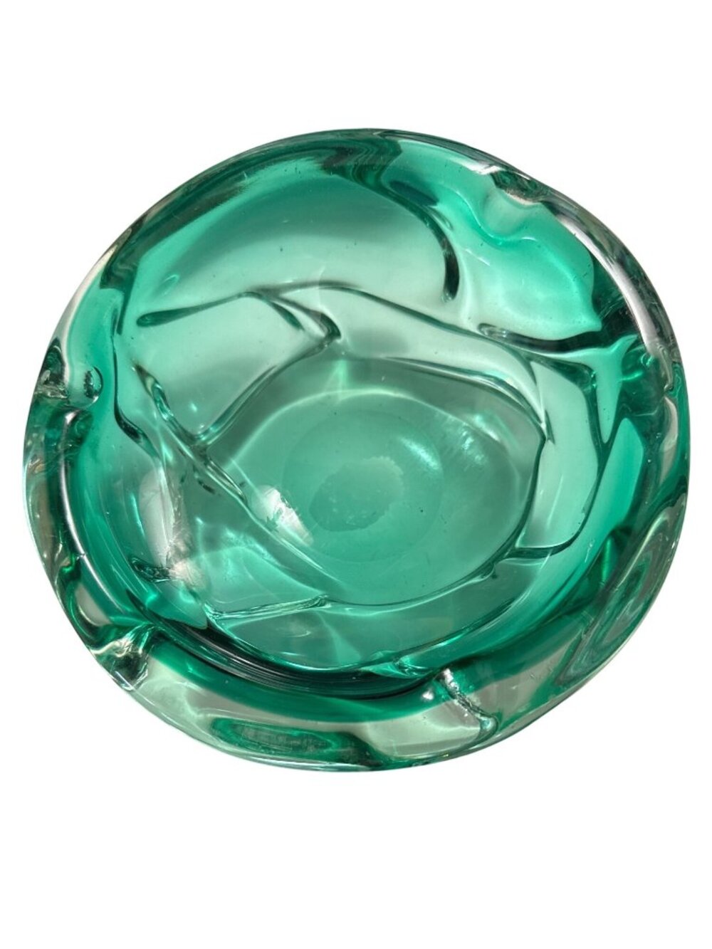 Vintage MCM Emerald Green Hand-Blown Glass Ashtray Abstract Design